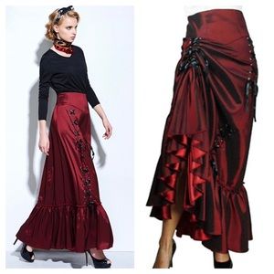 🛍 Red Silky Lace Up Trumpet Skirt